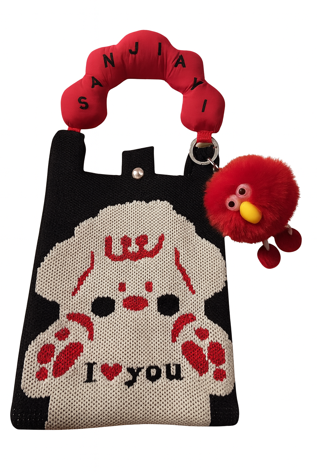Sac Kawaii “I Love You Puppy” – Fourre-Tout Noir avec Peluche Rouge Amovible