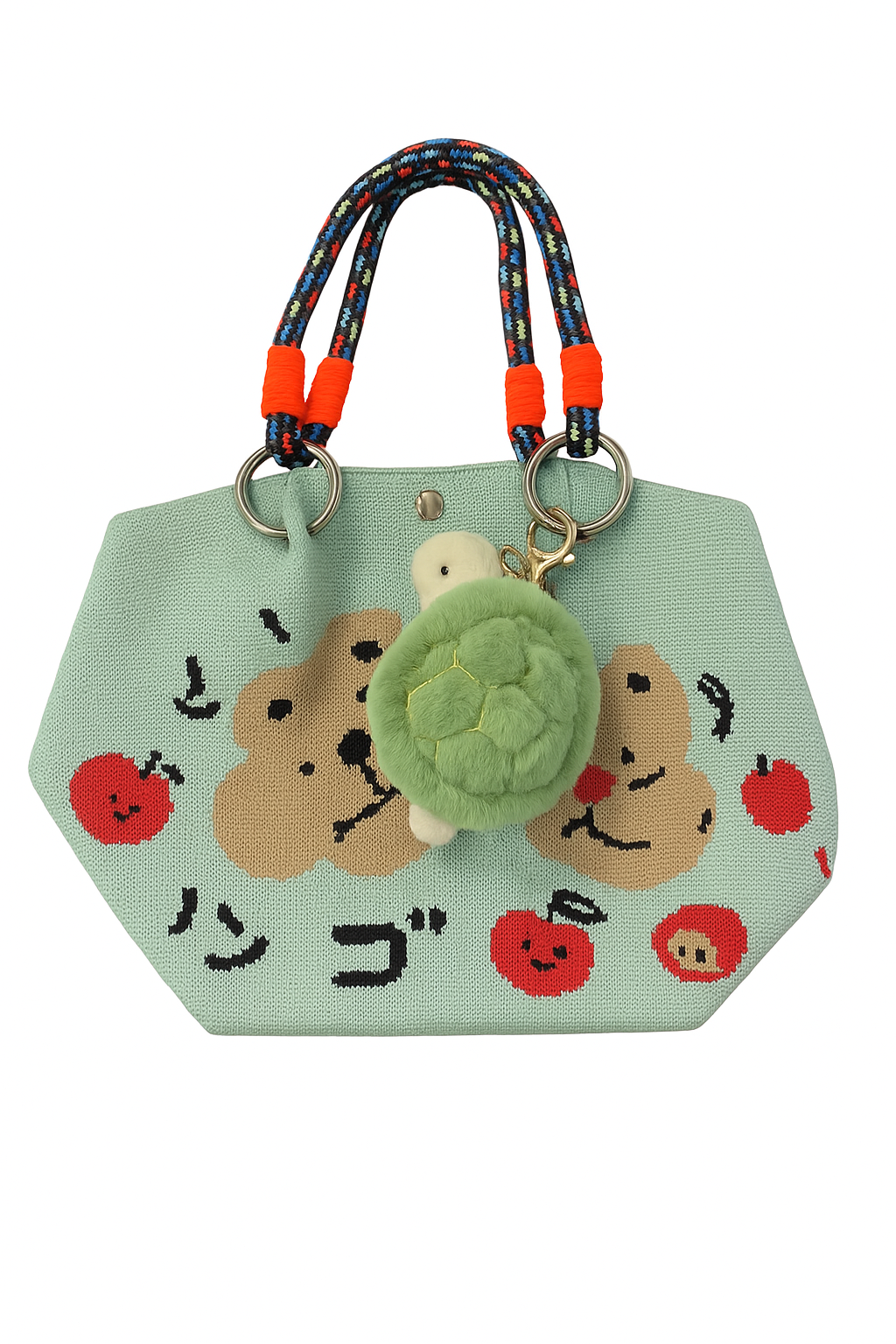 Sac Fourre-Tout Pastel “Oursons & Pommes” avec Porte-Clés Tortue – Style Kawaii