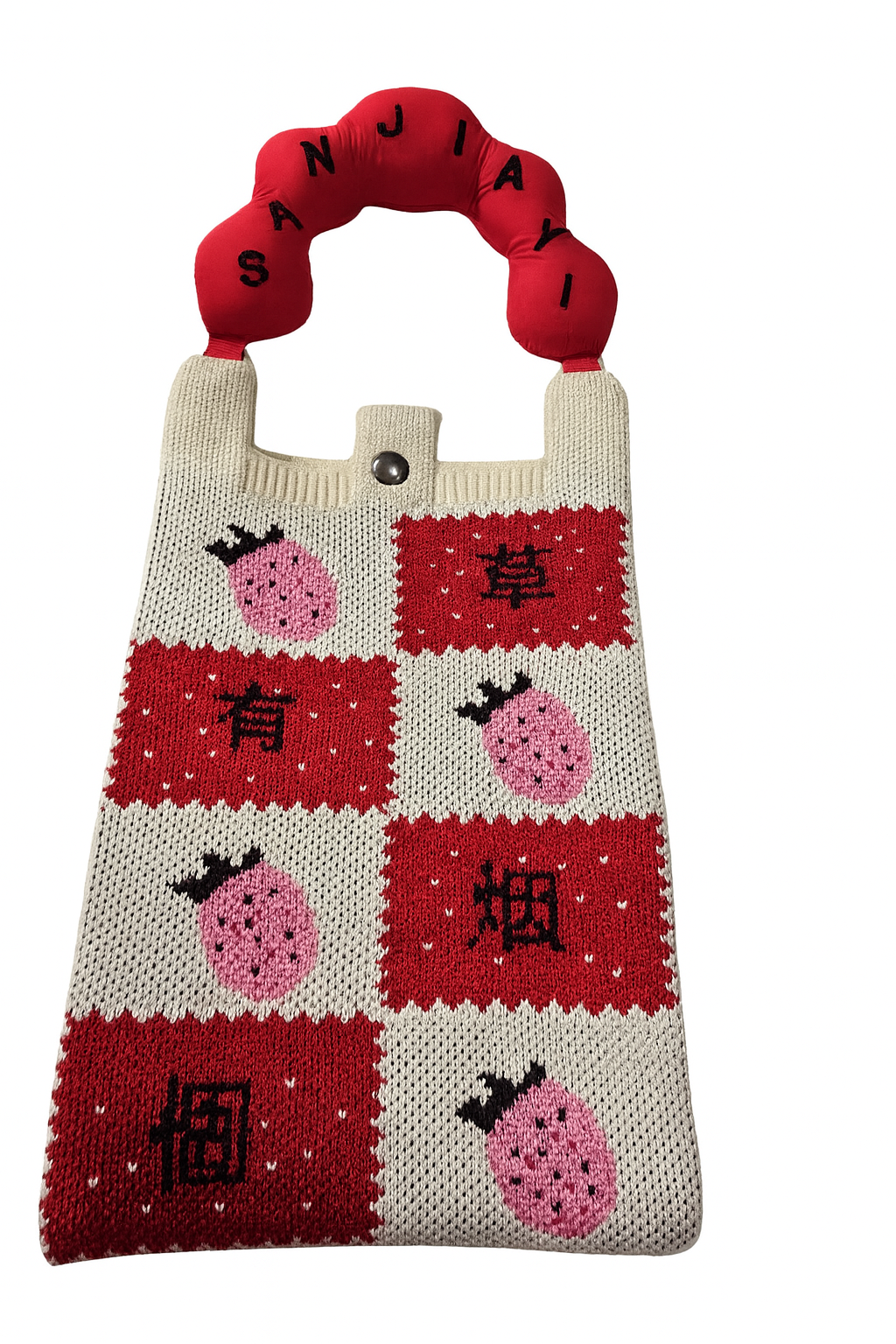 Sac Kawaii “Strawberry Grid” – Fourre-Tout Rouge & Blanc avec Anse Rembourrée SANJIAYI
