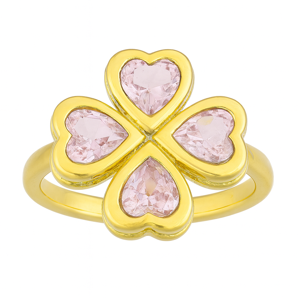 Bague Dorée Motif Quatre Cœurs – Pierres Roses