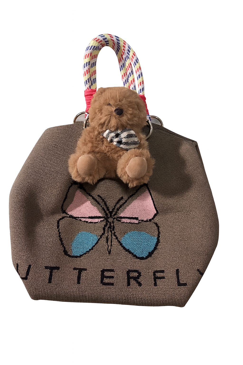 Sac Kawaii “Butterfly & Teddy” – Fourre-Tout Brun avec Peluche Ours Amovible