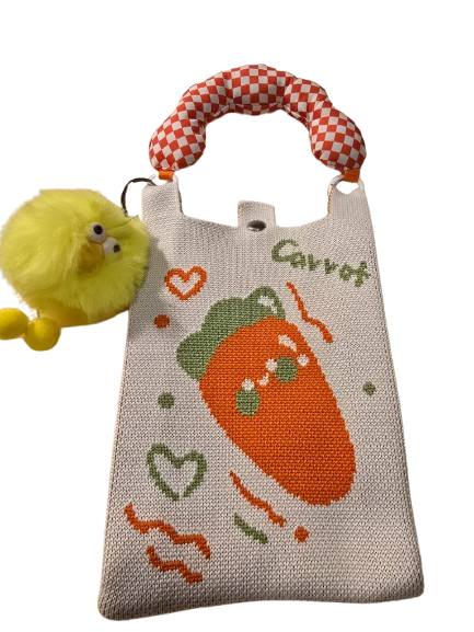 Sac Kawaii “Carrot Love” – Fourre-Tout Blanc avec Poignée Vichy & Peluche Jaune