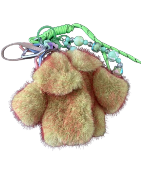 Porte-Clés Pompon “Neon Paws” – Fourrure Douce Jaune/Vert avec Perles Pastel & Cordon Fluo